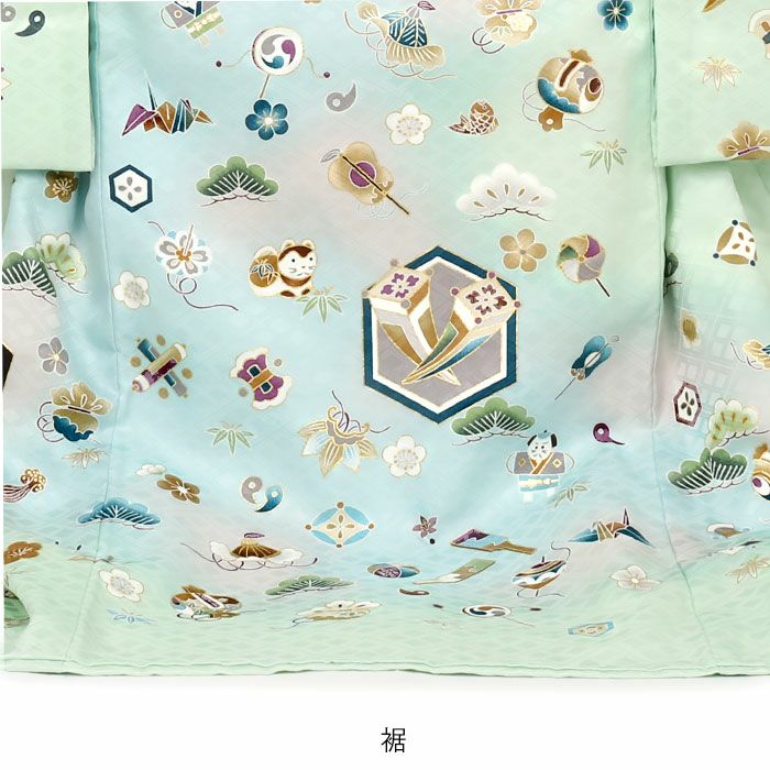 お宮参り着物男の子絹正絹掛け着産着黄緑水色小槌軍配宝づくし狛犬やっこ玩具松竹梅吉祥紋友禅京友禅金駒刺繍金彩暈しぼかし新品日本製販売購入きもの祝い着のしめ初着祝着一つ身服装赤ちゃんベビー贈答御祝いライトグリーン