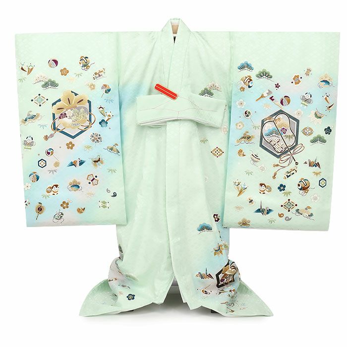 お宮参り着物男の子絹正絹掛け着産着黄緑水色小槌軍配宝づくし狛犬やっこ玩具松竹梅吉祥紋友禅京友禅金駒刺繍金彩暈しぼかし新品日本製販売購入きもの祝い着のしめ初着祝着一つ身服装赤ちゃんベビー贈答御祝いライトグリーン