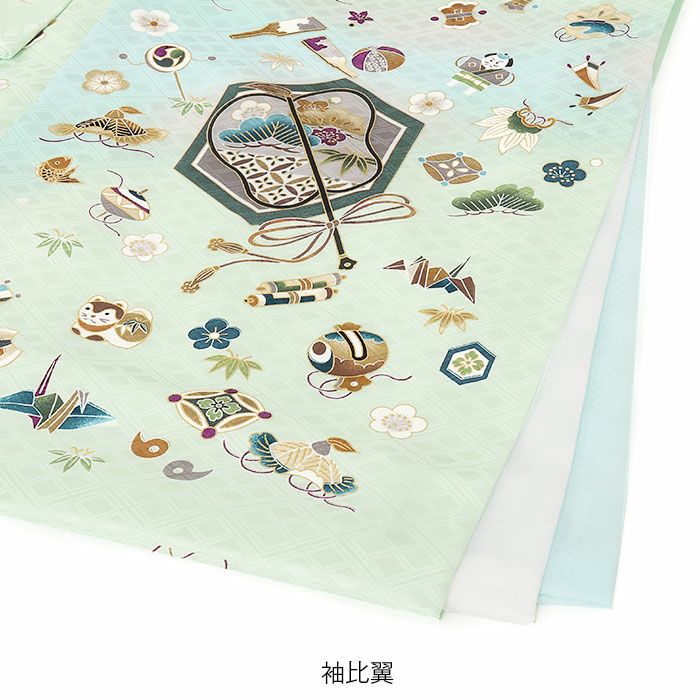 お宮参り着物男の子絹正絹掛け着産着黄緑水色小槌軍配宝づくし狛犬やっこ玩具松竹梅吉祥紋友禅京友禅金駒刺繍金彩暈しぼかし新品日本製販売購入きもの祝い着のしめ初着祝着一つ身服装赤ちゃんベビー贈答御祝いライトグリーン