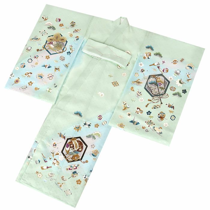 お宮参り着物男の子絹正絹掛け着産着黄緑水色小槌軍配宝づくし狛犬やっこ玩具松竹梅吉祥紋友禅京友禅金駒刺繍金彩暈しぼかし新品日本製販売購入きもの祝い着のしめ初着祝着一つ身服装赤ちゃんベビー贈答御祝いライトグリーン