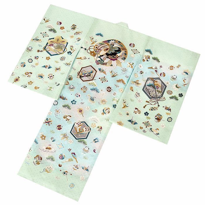 お宮参り着物男の子絹正絹掛け着産着黄緑水色小槌軍配宝づくし狛犬やっこ玩具松竹梅吉祥紋友禅京友禅金駒刺繍金彩暈しぼかし新品日本製販売購入きもの祝い着のしめ初着祝着一つ身服装赤ちゃんベビー贈答御祝いライトグリーン