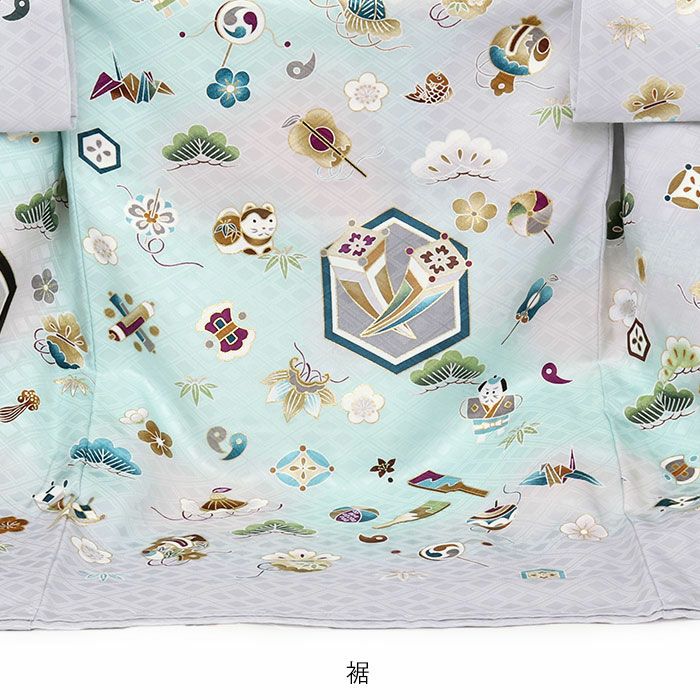 お宮参り着物男の子絹正絹掛け着産着青灰水色小槌軍配宝づくし狛犬やっこ玩具松竹梅吉祥紋友禅京友禅金駒刺繍金彩暈しぼかし新品日本製販売購入きもの祝い着のしめ初着祝着一つ身服装赤ちゃんベビー贈答御祝いライトグレー