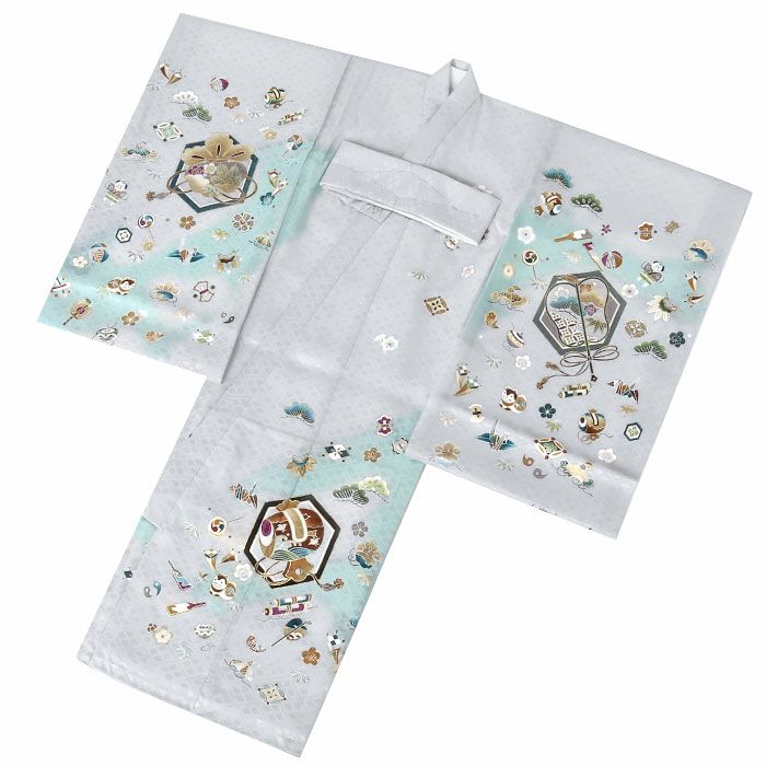 お宮参り着物男の子絹正絹掛け着産着青灰水色小槌軍配宝づくし狛犬やっこ玩具松竹梅吉祥紋友禅京友禅金駒刺繍金彩暈しぼかし新品日本製販売購入きもの祝い着のしめ初着祝着一つ身服装赤ちゃんベビー贈答御祝いライトグレー