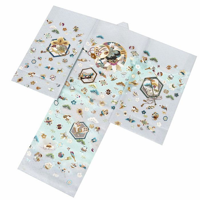 お宮参り着物男の子絹正絹掛け着産着青灰水色小槌軍配宝づくし狛犬やっこ玩具松竹梅吉祥紋友禅京友禅金駒刺繍金彩暈しぼかし新品日本製販売購入きもの祝い着のしめ初着祝着一つ身服装赤ちゃんベビー贈答御祝いライトグレー