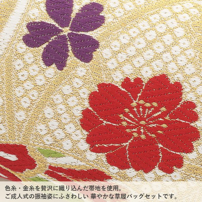 成人式や結婚式の華やかな振袖に合わせたい草履バッグセット。痛くなくて歩きやすい、初めての方にも安心の履き心地。こだわりの草履とバッグで上品な振袖コーディネートを演出。