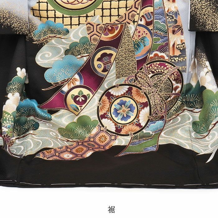 お宮参り着物男の子絹正絹掛け着産着黒鷹束ね熨斗鼓御所車軍配松竹梅吉祥紋友禅金彩新品販売購入きもの祝い着のしめ初着祝着一つ身服装赤ちゃんベビーブラック