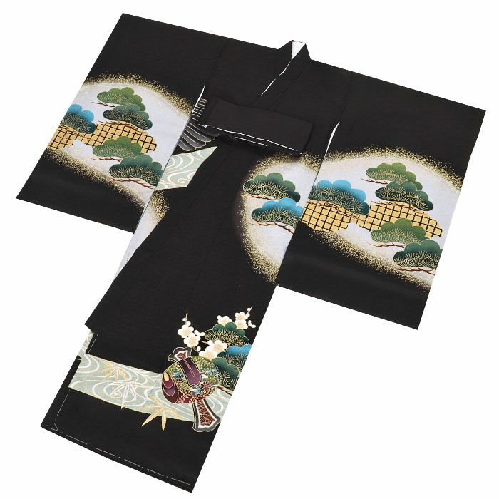 お宮参り着物男の子絹正絹掛け着産着黒鷹束ね熨斗鼓御所車軍配松竹梅吉祥紋友禅金彩新品販売購入きもの祝い着のしめ初着祝着一つ身服装赤ちゃんベビーブラック