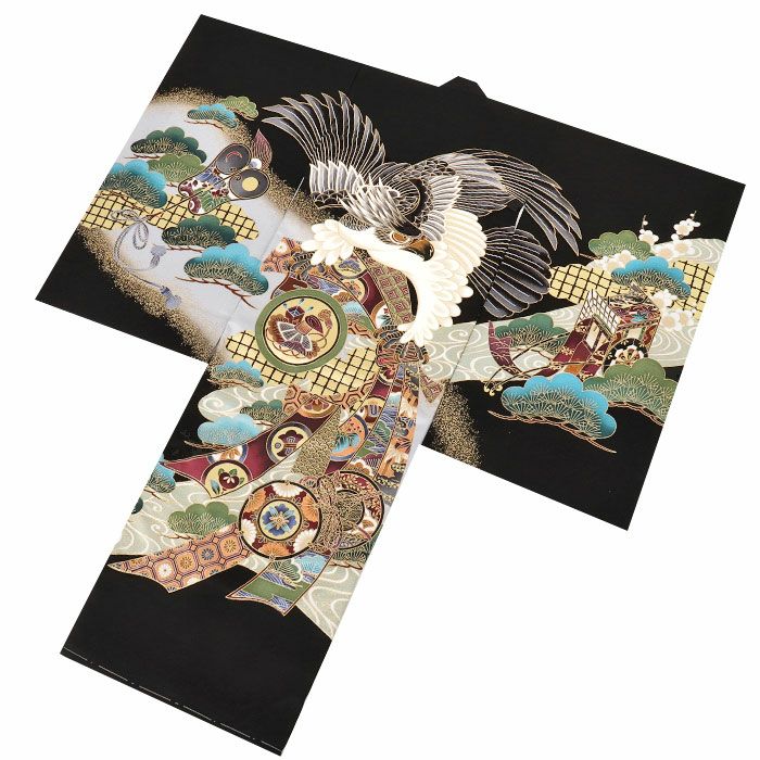 お宮参り着物男の子絹正絹掛け着産着黒鷹束ね熨斗鼓御所車軍配松竹梅吉祥紋友禅金彩新品販売購入きもの祝い着のしめ初着祝着一つ身服装赤ちゃんベビーブラック