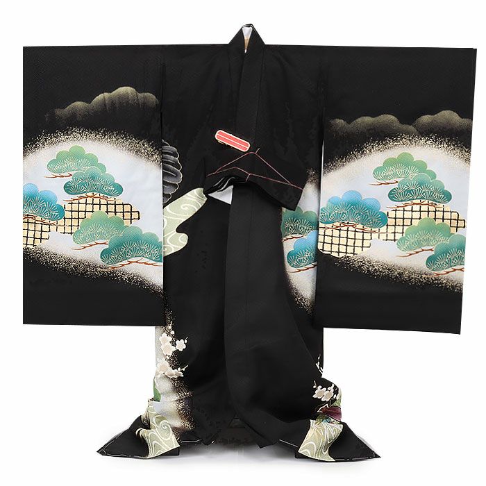 お宮参り 着物 男の子 絹 正絹 掛け着 産着 祝い着 黒 鷹 宝鏡 御所車