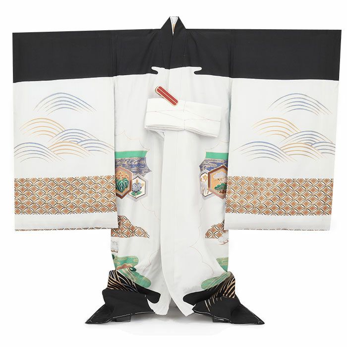 お宮参り着物男の子絹正絹掛け着産着黒灰兜宝船亀甲軍配宝尽くし桐松吉祥紋友禅金彩新品販売購入きもの祝い着のしめ初着祝着一つ身服装赤ちゃんベビー