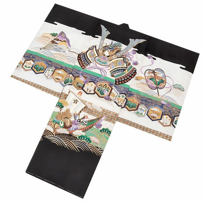 お宮参り着物男の子絹正絹掛け着産着黒灰兜宝船亀甲軍配宝尽くし桐松吉祥紋友禅金彩新品販売購入きもの祝い着のしめ初着祝着一つ身服装赤ちゃんベビー