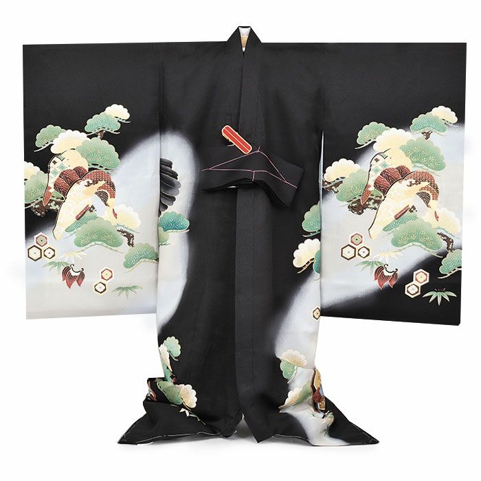 お宮参り 着物 男の子 絹 正絹 掛け着 産着 祝い着 黒 鷹 兜 鶴 小槌