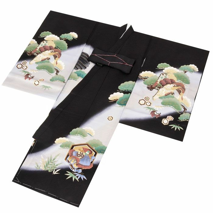 お宮参り着物男の子絹正絹掛け着産着黒鷹兜鶴小槌三つ矢宝尽くし松竹梅吉祥紋友禅金彩新品販売購入きもの祝い着のしめ初着祝着一つ身服装赤ちゃんベビー