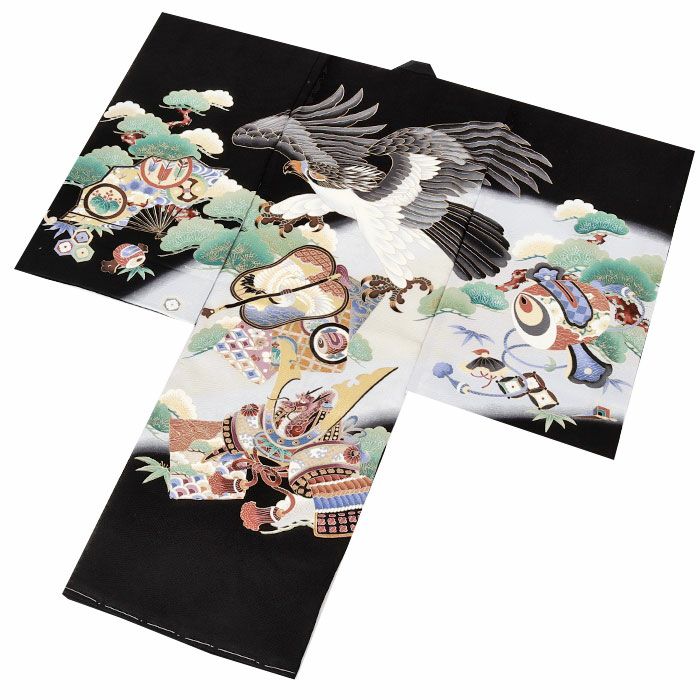 お宮参り着物男の子絹正絹掛け着産着黒鷹兜鶴小槌三つ矢宝尽くし松竹梅吉祥紋友禅金彩新品販売購入きもの祝い着のしめ初着祝着一つ身服装赤ちゃんベビー