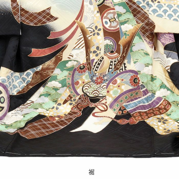 お宮参り着物男の子絹正絹掛け着産着黒鷹兜束ね熨斗小槌軍配宝尽くし松竹梅吉祥紋友禅金彩新品販売購入きもの祝い着のしめ初着祝着一つ身服装赤ちゃんベビー