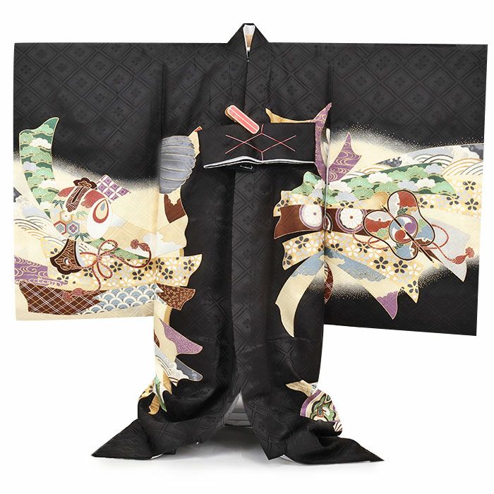 お宮参り 着物 男の子 絹 正絹 掛け着 産着 祝い着 黒 鷹 兜 束ね熨斗