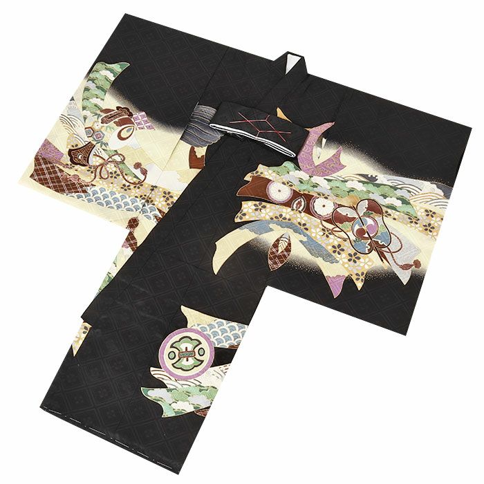 お宮参り着物男の子絹正絹掛け着産着黒鷹兜束ね熨斗小槌軍配宝尽くし松竹梅吉祥紋友禅金彩新品販売購入きもの祝い着のしめ初着祝着一つ身服装赤ちゃんベビー