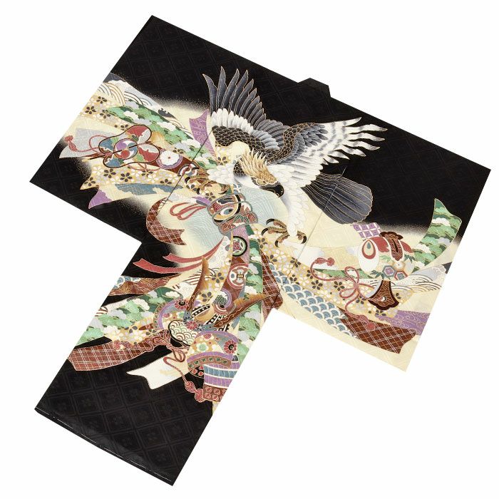 お宮参り 着物 男の子 絹 正絹 掛け着 産着 祝い着 黒 鷹 兜 束ね熨斗