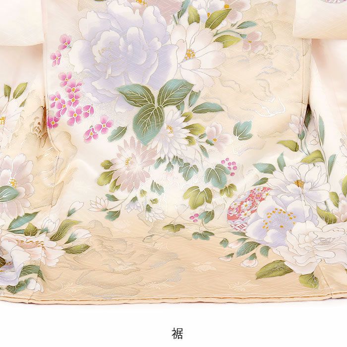 お宮参り着物女の子絹正絹掛け着産着モダン白淡橙牡丹百合万寿菊八重桜鞠鈴吉祥花吉祥紋友禅経済産業大臣指定伝統的工芸品ラメ糸刺繍金彩銀彩箔使い新品日本製販売購入きもの祝い着のしめ初着祝着一つ身服装赤ちゃんベビー