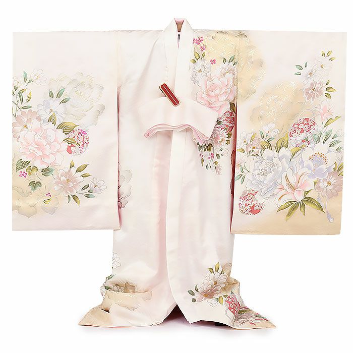 お宮参り着物女の子絹正絹掛け着産着モダン白淡橙牡丹百合万寿菊八重桜鞠鈴吉祥花吉祥紋友禅経済産業大臣指定伝統的工芸品ラメ糸刺繍金彩銀彩箔使い新品日本製販売購入きもの祝い着のしめ初着祝着一つ身服装赤ちゃんベビー