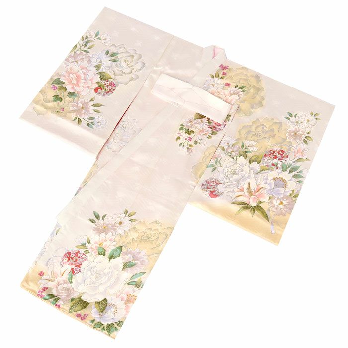 お宮参り着物女の子絹正絹掛け着産着モダン白淡橙牡丹百合万寿菊八重桜鞠鈴吉祥花吉祥紋友禅経済産業大臣指定伝統的工芸品ラメ糸刺繍金彩銀彩箔使い新品日本製販売購入きもの祝い着のしめ初着祝着一つ身服装赤ちゃんベビー