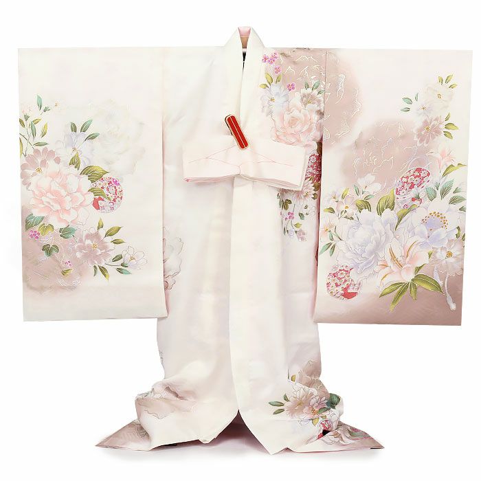 お宮参り着物女の子絹正絹掛け着産着モダン白灰桃ピンクグレー牡丹百合万寿菊八重桜鞠鈴吉祥花吉祥紋友禅経済産業大臣指定伝統的工芸品ラメ糸刺繍金銀彩箔使い新品日本製販売購入きもの祝い着のしめ初着祝着一つ身服装赤ちゃんベビー