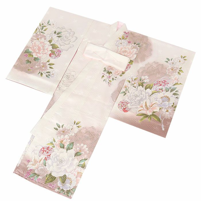 お宮参り着物女の子絹正絹掛け着産着モダン白灰桃ピンクグレー牡丹百合万寿菊八重桜鞠鈴吉祥花吉祥紋友禅経済産業大臣指定伝統的工芸品ラメ糸刺繍金銀彩箔使い新品日本製販売購入きもの祝い着のしめ初着祝着一つ身服装赤ちゃんベビー