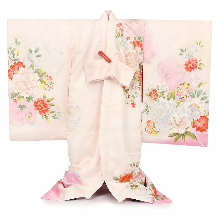 お宮参り着物女の子絹正絹掛け着産着モダン薄ピンク桃くすみ牡丹百合万寿菊八重桜鞠鈴吉祥花吉祥紋友禅経済産業大臣指定伝統的工芸品ラメ糸刺繍金銀彩箔使い新品日本製販売購入きもの祝い着のしめ初着祝着一つ身服装赤ちゃんベビー