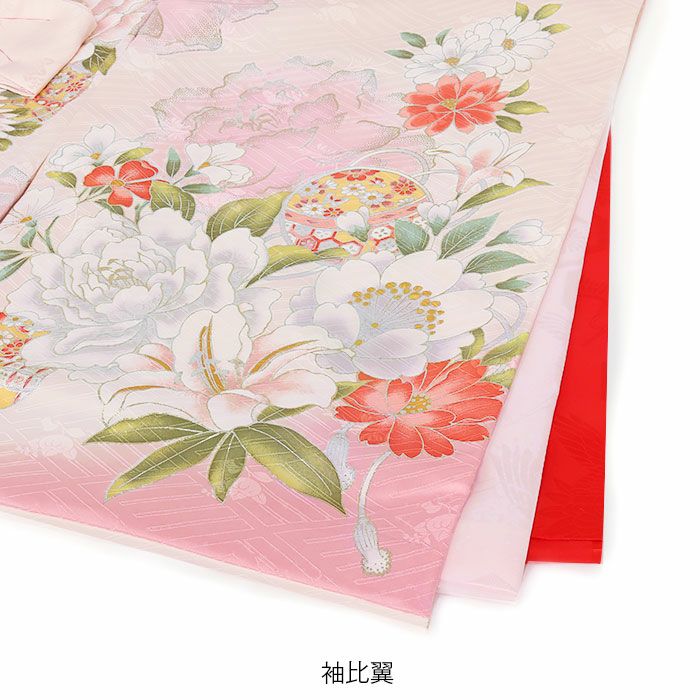 お宮参り着物女の子絹正絹掛け着産着モダン薄ピンク桃くすみ牡丹百合万寿菊八重桜鞠鈴吉祥花吉祥紋友禅経済産業大臣指定伝統的工芸品ラメ糸刺繍金銀彩箔使い新品日本製販売購入きもの祝い着のしめ初着祝着一つ身服装赤ちゃんベビー