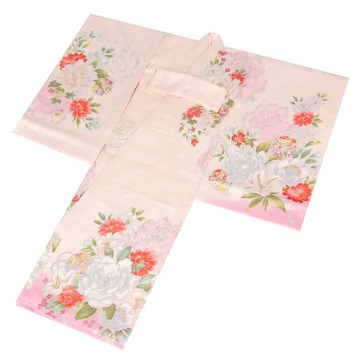 お宮参り着物女の子絹正絹掛け着産着モダン薄ピンク桃くすみ牡丹百合万寿菊八重桜鞠鈴吉祥花吉祥紋友禅経済産業大臣指定伝統的工芸品ラメ糸刺繍金銀彩箔使い新品日本製販売購入きもの祝い着のしめ初着祝着一つ身服装赤ちゃんベビー