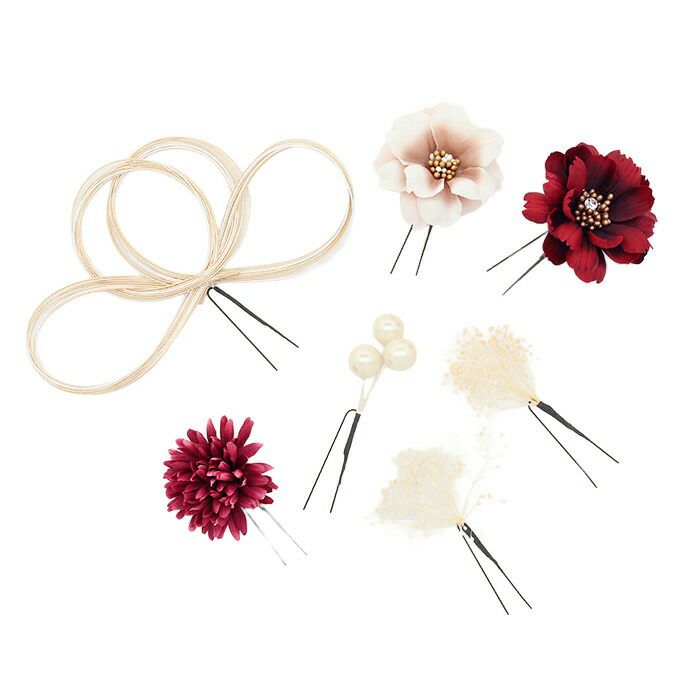 髪飾り成人式振袖用成人用Watmosphereレッドピンクベージュくすみカラー花フラワー水引パールかすみ草日本製振袖卒業袴振り袖ママ振おしゃれはたち結婚式色打掛引き振袖花嫁和装花嫁Uピン7本セットニュアンスヘアアレンジワトモスフィア