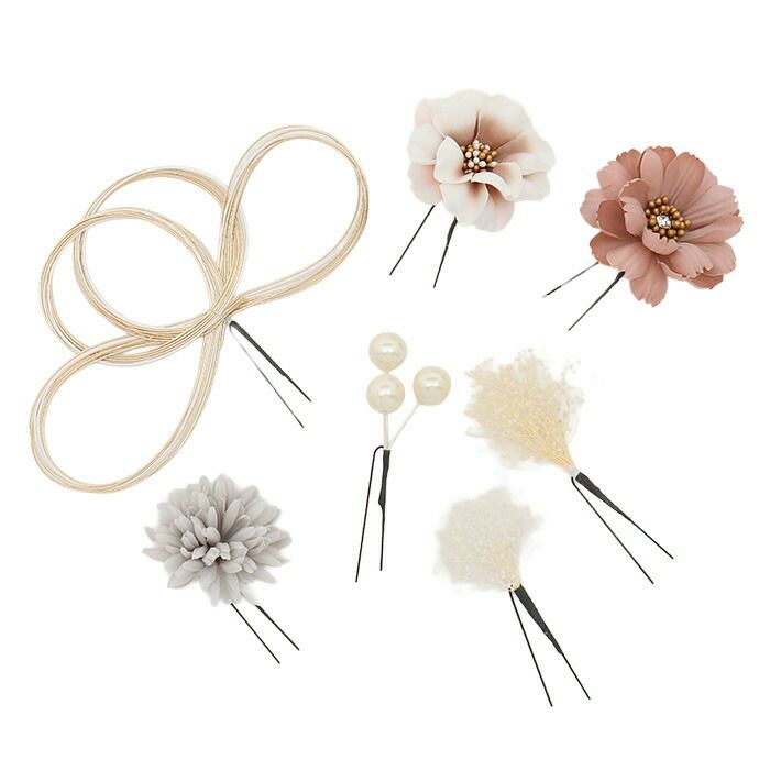 髪飾り成人式振袖用成人用Watmosphereレッドピンクベージュくすみカラー花フラワー水引パールかすみ草日本製振袖卒業袴振り袖ママ振おしゃれはたち結婚式色打掛引き振袖花嫁和装花嫁Uピン7本セットニュアンスヘアアレンジワトモスフィア