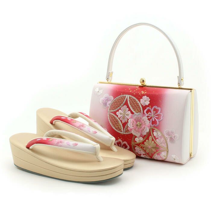 【アウトレット】振袖草履バッグセット成人式草履バッグセット振袖用振り袖フリーサイズホワイト＆レッド桜刺繍白梅謹製正絹帯地日本製痛くない振袖卒業袴ママ振おしゃれはたちぞうり草履バック草履バックセット着物