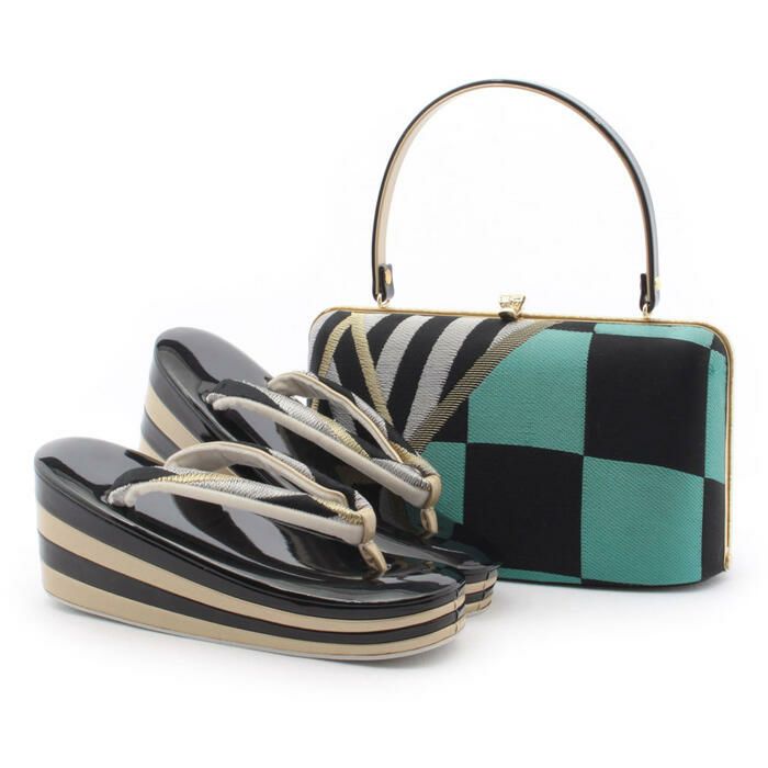 【アウトレット】草履バッグセット成人式黒振袖草履バッグセット振袖用振り袖フリーサイズブラック＆ターコイズ市松正絹帯地ハイヒール草履日本製痛くない振袖卒業袴ママ振おしゃれはたちぞうり草履バック草履バックセット着物