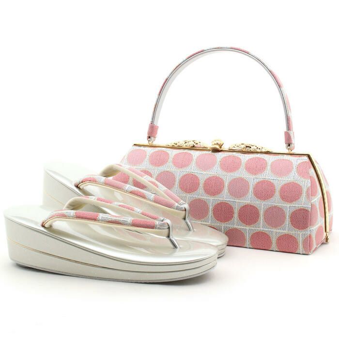 【アウトレット】振袖草履バッグセット成人式草履バッグセット振袖用振り袖Lサイズシルバー＆ピンクドット正絹帯地華三彩ブランド日本製痛くない振袖卒業袴ママ振おしゃれはたちぞうり草履バック草履バックセット着物