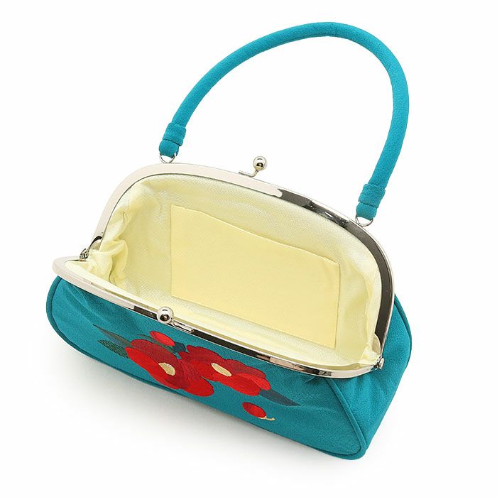 がま口バッグ成人式振袖用袴用成人用ターコイズ椿花縮緬ちりめん振袖卒業袴振り袖ママ振おしゃれはたち結婚式卒業式卒業袴おしゃれかわいいはたちがまぐちばっぐ単品