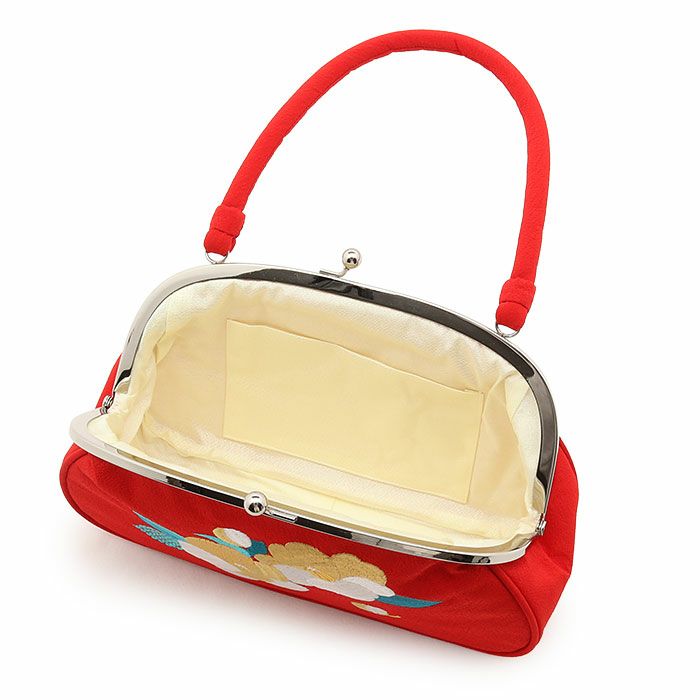 がま口バッグ成人式振袖用袴用成人用赤レッド椿花縮緬ちりめん振袖卒業袴振り袖ママ振おしゃれはたち結婚式卒業式卒業袴おしゃれかわいいはたちがまぐちばっぐ単品