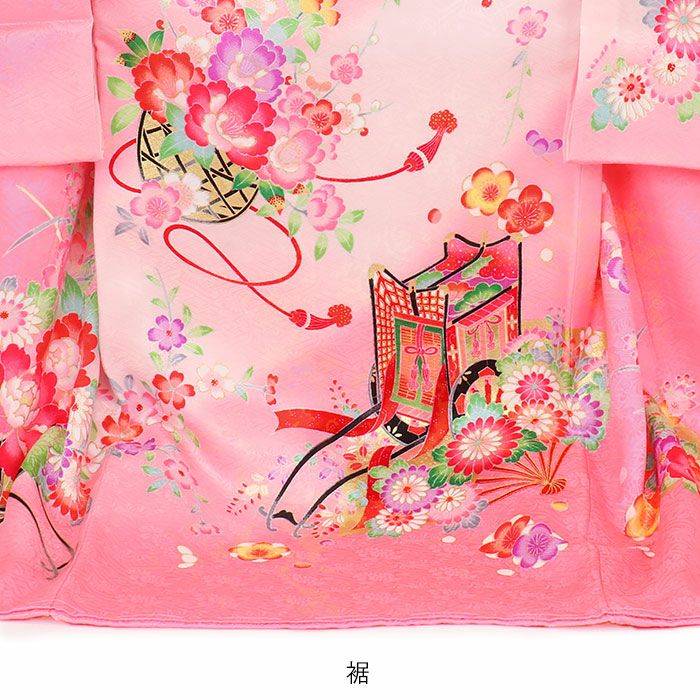 お宮参り 着物 女の子 絹 正絹 掛け着 産着 蛍光ピンク 桃 鞠 牡丹