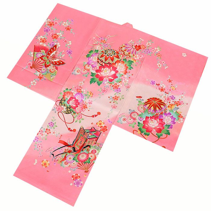 お宮参り 着物 女の子 絹 正絹 掛け着 産着 蛍光ピンク 桃 鞠 牡丹