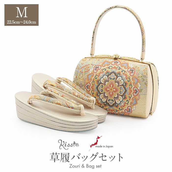 草履バッグセット留袖用訪問着用草履バッグ彩小径Mサイズゴールドシャンパンゴールド金立涌華紋正絹帯地3枚芯日本製痛くない黒留袖色留袖礼装用フォーマル結婚式ぞうり草履草履バック草履バックセット着物