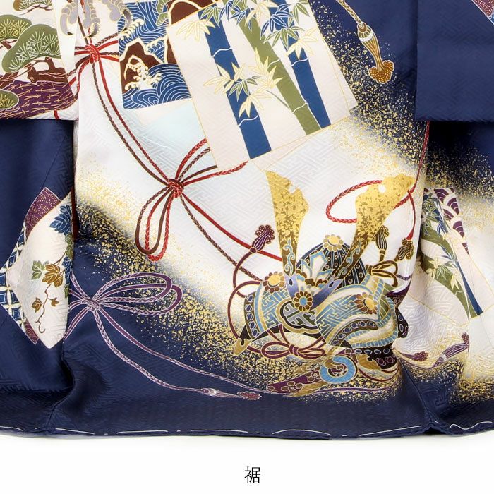 お宮参り着物男の子絹正絹掛け着産着紺青鷹兜甲冑武具色紙紋飛翔松竹梅三段松吉祥紋友禅刺繍金彩金たたき新品販売購入きもの祝い着のしめ初着祝着一つ身服装赤ちゃんベビーネイビー