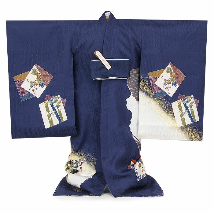 お宮参り着物男の子絹正絹掛け着産着紺青鷹兜甲冑武具色紙紋飛翔松竹梅三段松吉祥紋友禅刺繍金彩金たたき新品販売購入きもの祝い着のしめ初着祝着一つ身服装赤ちゃんベビーネイビー