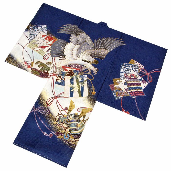 お宮参り 着物 男の子 絹 正絹 掛け着 産着 紺 青 鷹 兜 甲冑 武具