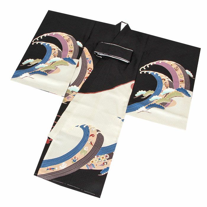 お宮参り着物男の子絹正絹掛け着産着黒兜鏡裏文鼓軍配鞍橋馬具松竹吉祥紋友禅刺繍金彩新品販売購入きもの祝い着のしめ初着祝着一つ身服装赤ちゃんベビーブラック午年