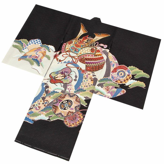 お宮参り着物男の子絹正絹掛け着産着黒兜鏡裏文鼓軍配鞍橋馬具松竹吉祥紋友禅刺繍金彩新品販売購入きもの祝い着のしめ初着祝着一つ身服装赤ちゃんベビーブラック午年