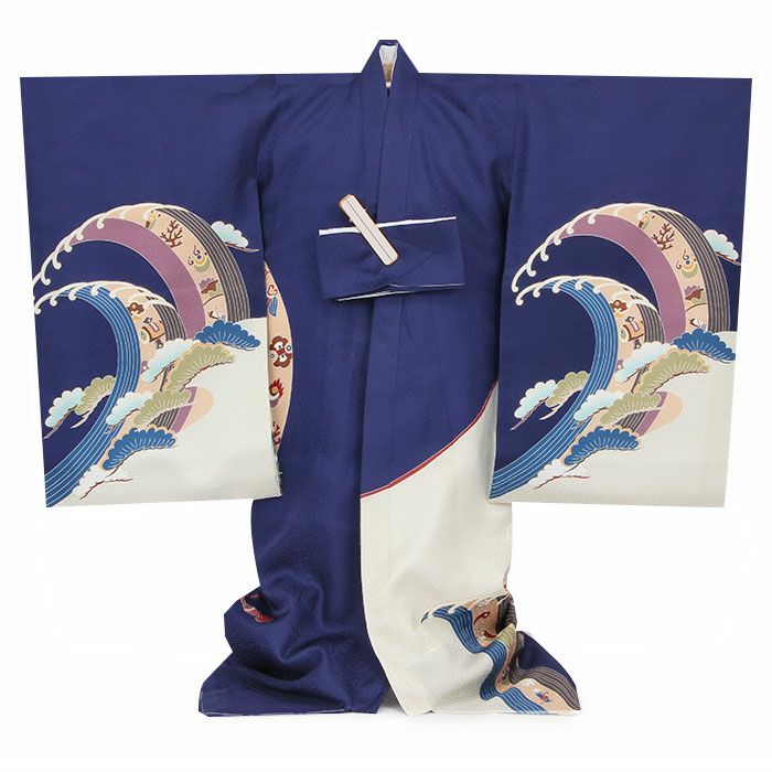 お宮参り着物男の子絹正絹掛け着産着紺兜鏡裏文鼓軍配鞍橋馬具松竹立波吉祥紋友禅刺繍金彩新品販売購入きもの祝い着のしめ初着祝着一つ身服装赤ちゃんベビーネイビー午年