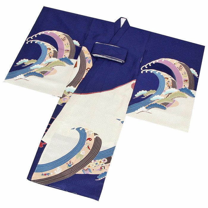 お宮参り着物男の子絹正絹掛け着産着紺兜鏡裏文鼓軍配鞍橋馬具松竹立波吉祥紋友禅刺繍金彩新品販売購入きもの祝い着のしめ初着祝着一つ身服装赤ちゃんベビーネイビー午年