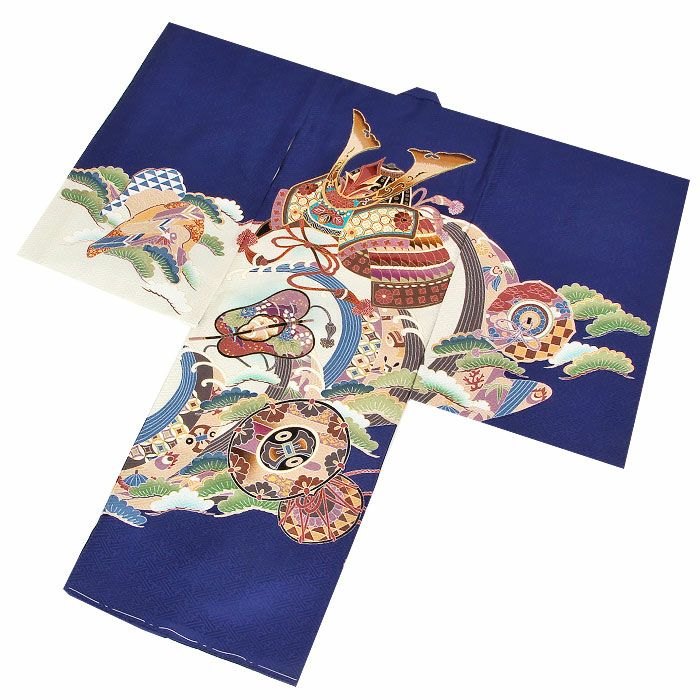 お宮参り着物男の子絹正絹掛け着産着紺兜鏡裏文鼓軍配鞍橋馬具松竹立波吉祥紋友禅刺繍金彩新品販売購入きもの祝い着のしめ初着祝着一つ身服装赤ちゃんベビーネイビー午年