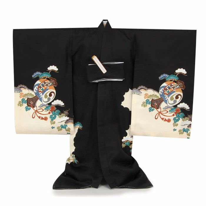 お宮参り着物男の子絹正絹掛け着産着黒兜熨斗扇馬具吉祥文友禅刺繍金彩新品販売購入きもの祝い着のしめ初着祝着一つ身服装赤ちゃんベビー