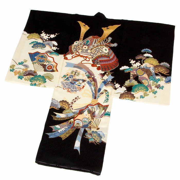 お宮参り着物男の子絹正絹掛け着産着黒兜熨斗扇馬具吉祥文友禅刺繍金彩新品販売購入きもの祝い着のしめ初着祝着一つ身服装赤ちゃんベビー